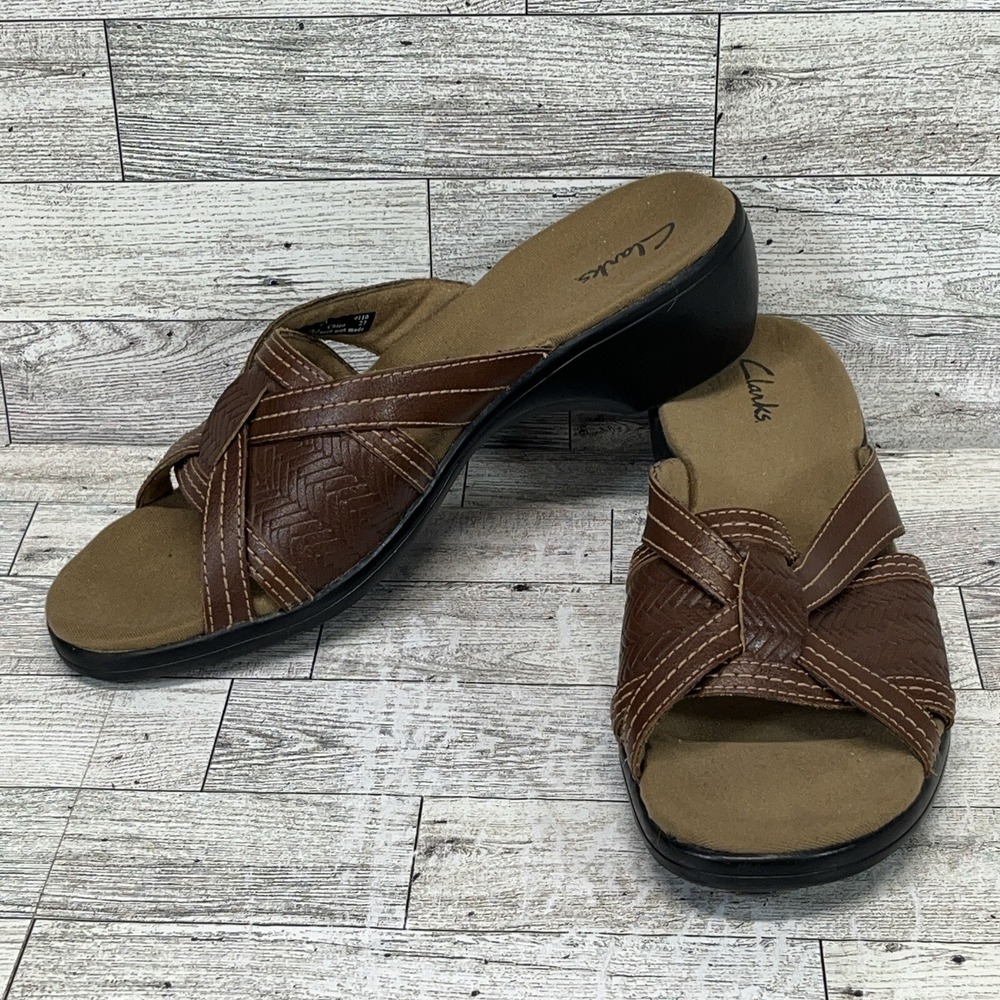 Clarks Artisan Owl‎ Brown Leather Comfort Slide Sandals 81876 Women Size 8M